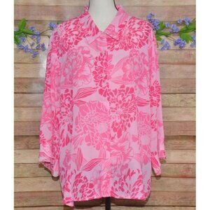 White Stag Button Up Pink Floral 3/4 Sleeve Blouse Top Plus Size 22W 24W Office